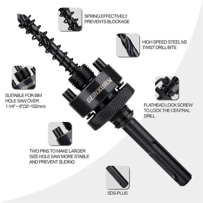 GEINXURN SDS-Plus Hole Saw Mandrel, Include 2Pcs Hole Saw Arbors with 3Pcs 1/4 Inch HSS(M2) Central Drill/2PCS Hex wrench/2Pcs Spring - Image 3